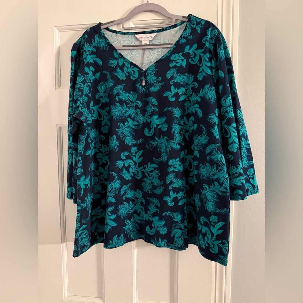 Liz Claiborne Teal and Navy Floral Blouse